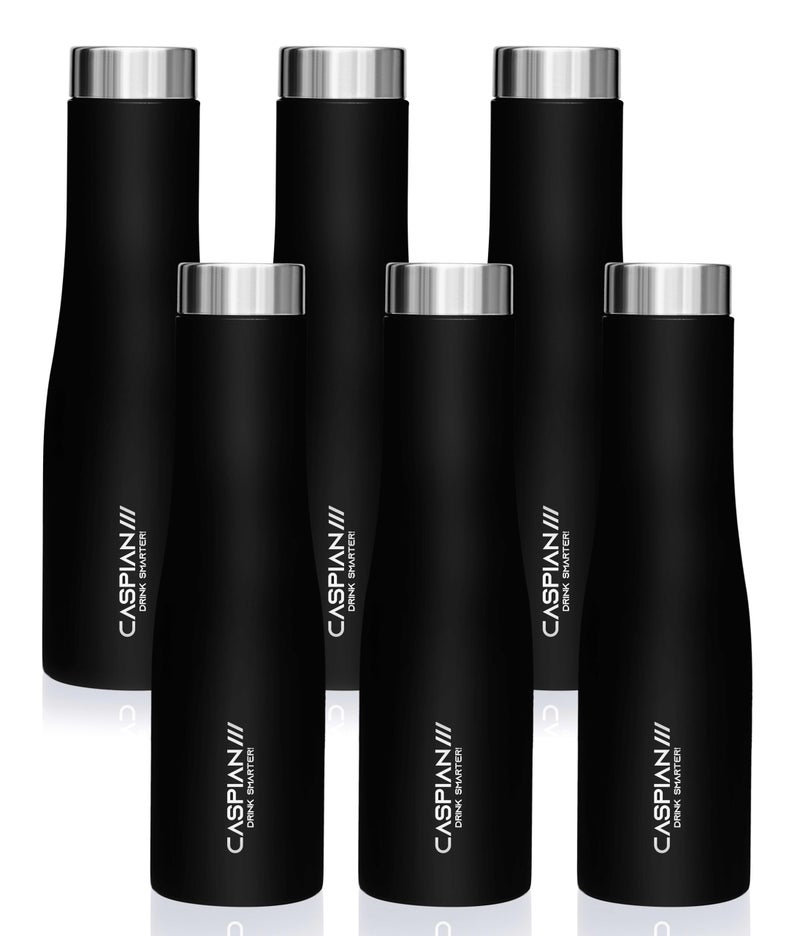 CASPIAN /// Aqua Stainless Steel Water Bottle (Black, 1 Litre, Set of 6)| Leak Proof Thunder for Fridge Home Office Travel School Kids Boys Girls Adults Sports Gym Yoga - Image 1