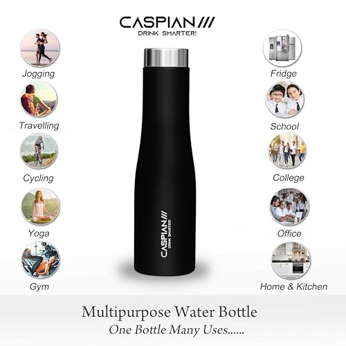 CASPIAN /// Aqua Stainless Steel Water Bottle (Black, 1 Litre, Set of 6)| Leak Proof Thunder for Fridge Home Office Travel School Kids Boys Girls Adults Sports Gym Yoga - Image 2