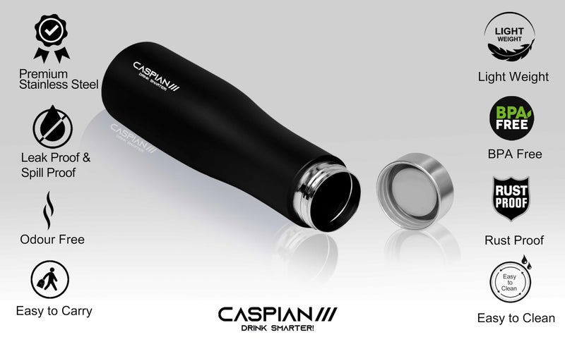 CASPIAN /// Aqua Stainless Steel Water Bottle (Black, 1 Litre, Set of 6)| Leak Proof Thunder for Fridge Home Office Travel School Kids Boys Girls Adults Sports Gym Yoga - Image 5