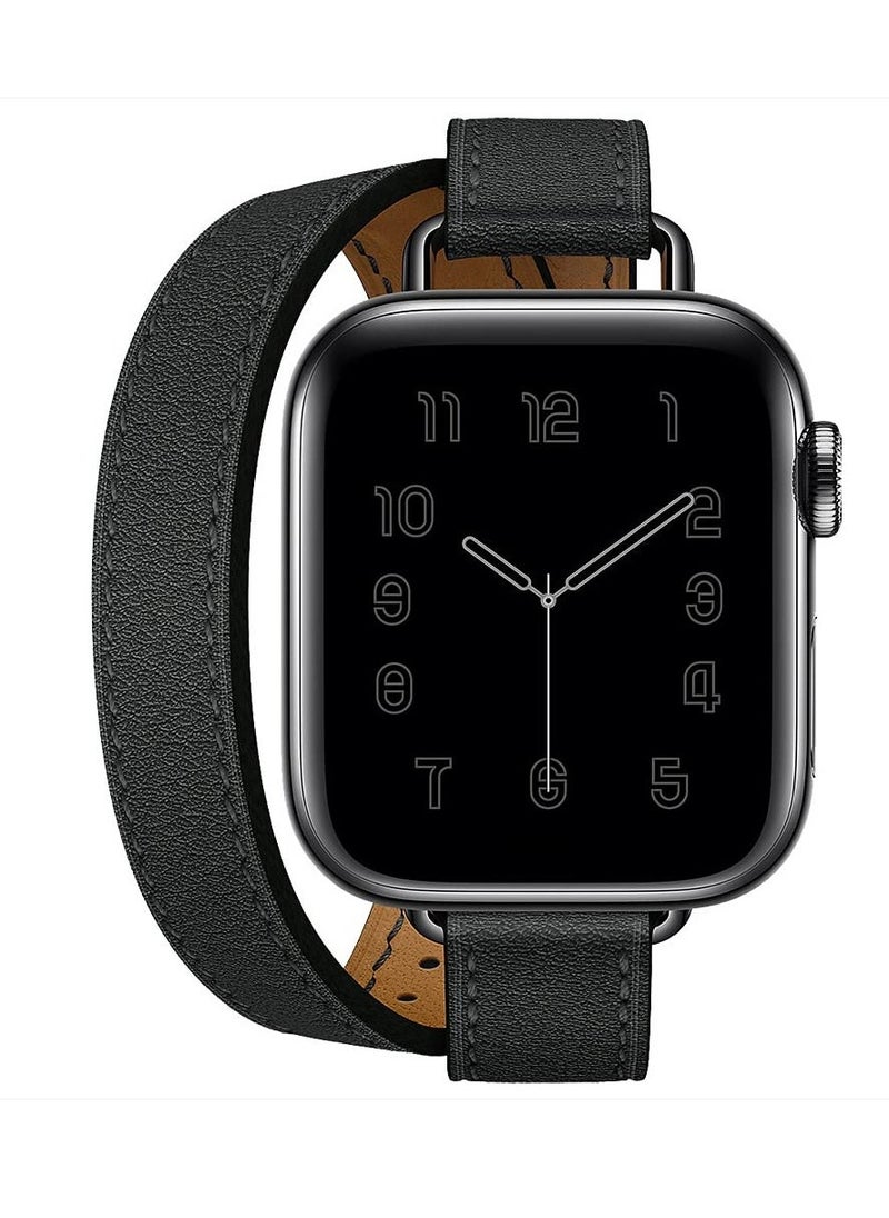 Leather Women Double Tour Slim Wristband, Compatible with Apple Watch Band 38/40/41mm 42/44/45mm for iWatch SE Series 7/6/5/4/3, Black  - Image 1
