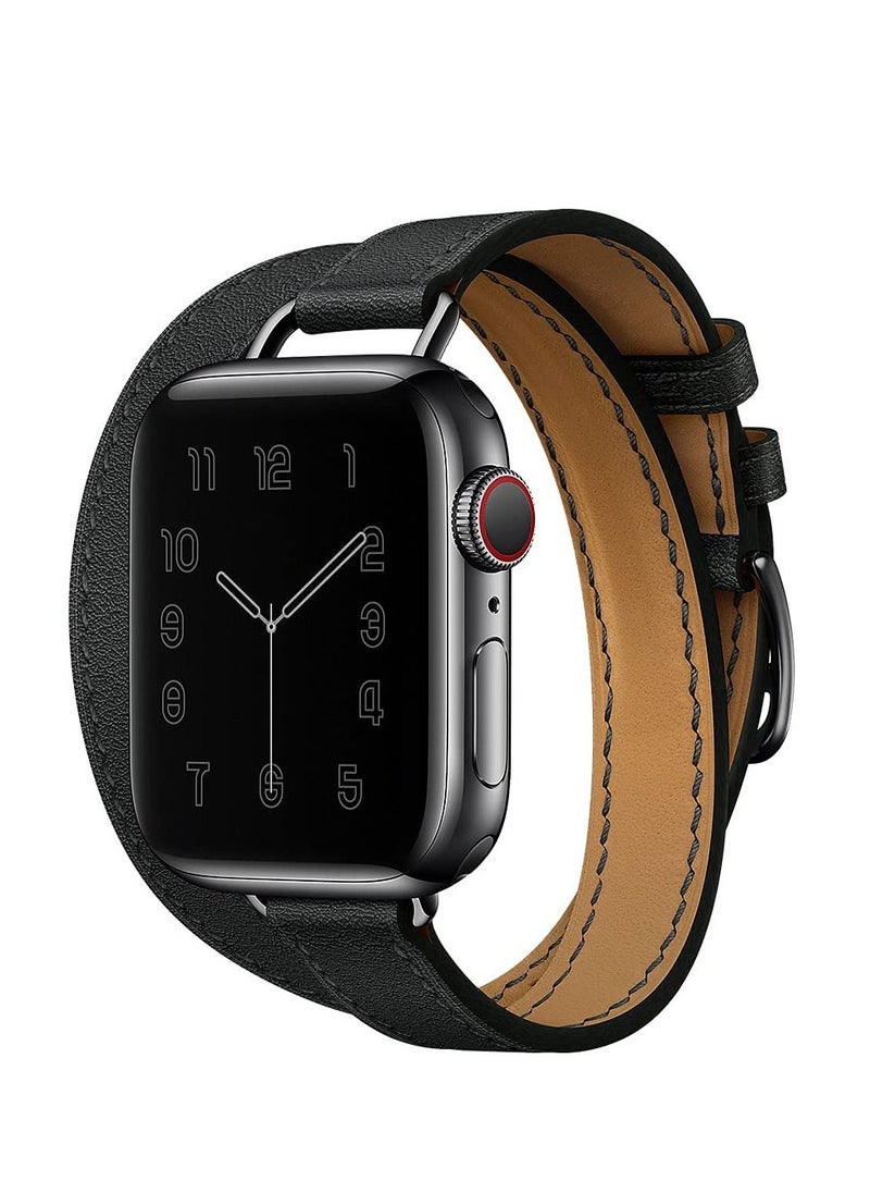 Leather Women Double Tour Slim Wristband, Compatible with Apple Watch Band 38/40/41mm 42/44/45mm for iWatch SE Series 7/6/5/4/3, Black  - Image 2