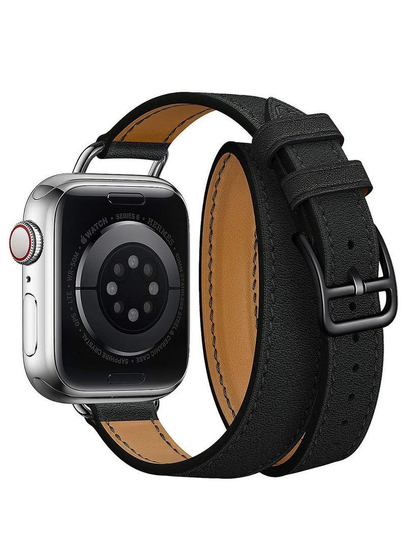 Leather Women Double Tour Slim Wristband, Compatible with Apple Watch Band 38/40/41mm 42/44/45mm for iWatch SE Series 7/6/5/4/3, Black  - Image 3