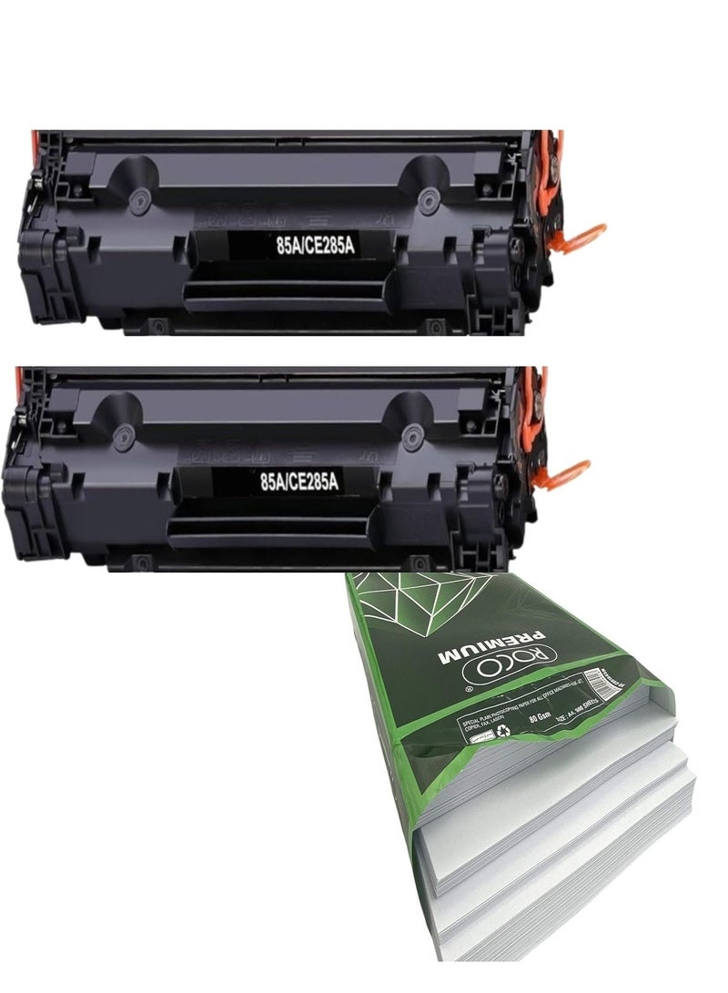 أف كيو خرطوشتين حبر 85A CE285A ورزمة ورق روكو 500 ورقة متوافقه مع طابعة اتش بي ليزر جيت P1006 P1102 P1102W P1109w MFP M1212nf M1217nfw كانون ايميجكلاس LBP6000 LBP6030W MF3010 (اللون اسود) - Image 1