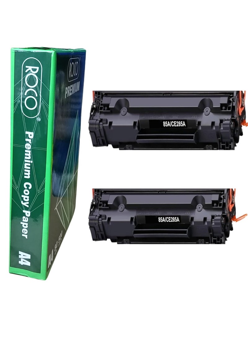 أف كيو خرطوشتين حبر 85A CE285A ورزمة ورق روكو 500 ورقة متوافقه مع طابعة اتش بي ليزر جيت P1006 P1102 P1102W P1109w MFP M1212nf M1217nfw كانون ايميجكلاس LBP6000 LBP6030W MF3010 (اللون اسود) - Image 2