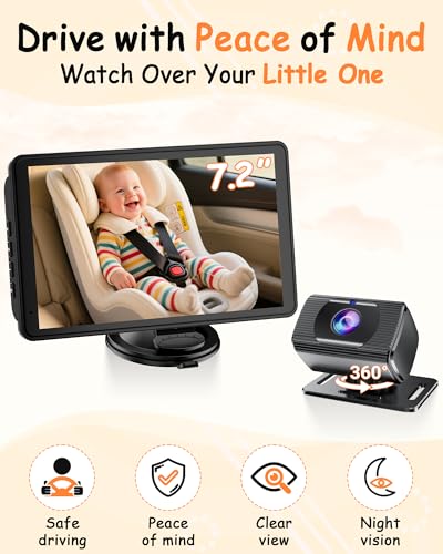 Rohent Baby Car Camera 7.2-Inch Monitor: 1080P HD Rear Facing Infant Backseat Camera with Night Vision 360° Rotation Wide Angle USB Plug & Play Anti-Glare Screen for Safe Driving F25 - Image 5