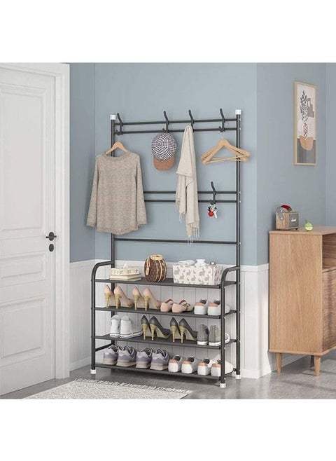 A hanger, a clothes stand, and a 4 layer shoe rack organizer Black