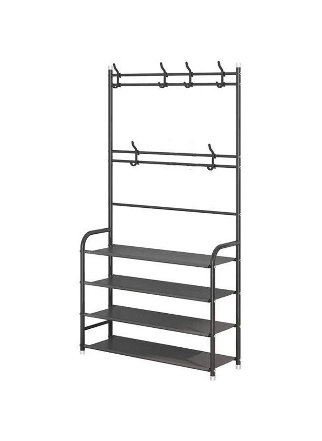 A hanger, a clothes stand, and a 4 layer shoe rack organizer Black