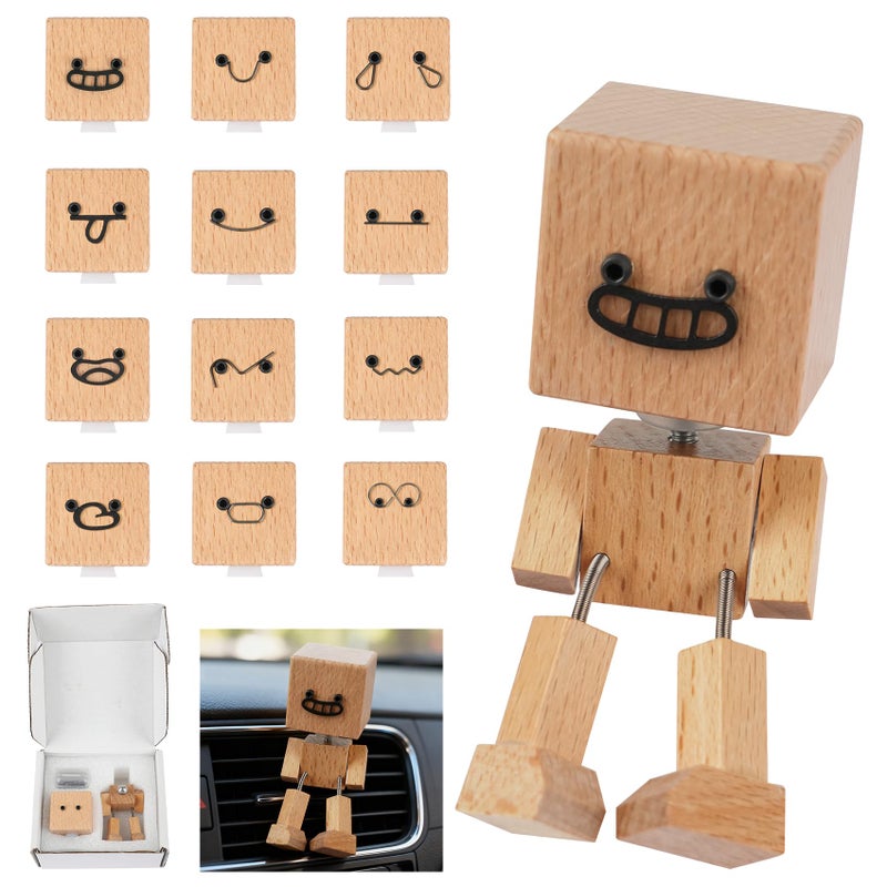 Manoai Shaking Wooden Man Figurine, Shaking Feet Woodens Doll with 12PCS Magnetic Expressions, Handmade Shaking Feet Wooden Car Dashboard Decorations, Creative Wood Desktop Decor - Image 1