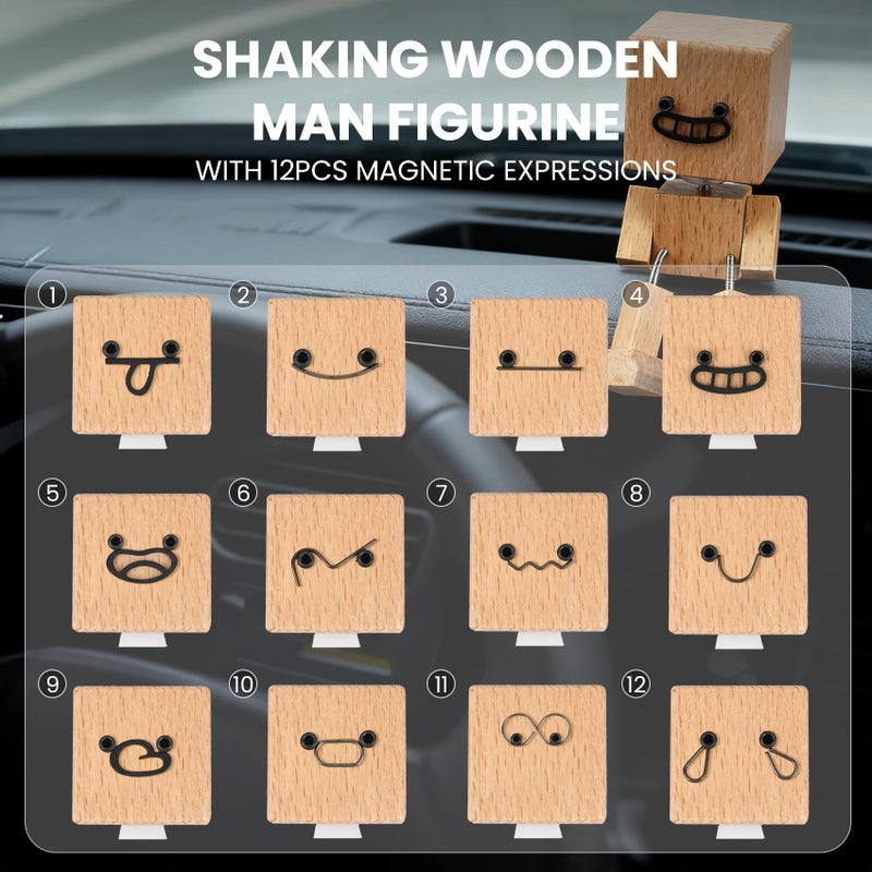 Manoai Shaking Wooden Man Figurine, Shaking Feet Woodens Doll with 12PCS Magnetic Expressions, Handmade Shaking Feet Wooden Car Dashboard Decorations, Creative Wood Desktop Decor - Image 2