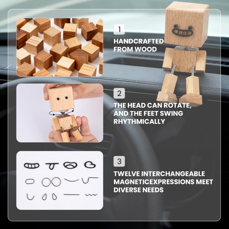 Manoai Shaking Wooden Man Figurine, Shaking Feet Woodens Doll with 12PCS Magnetic Expressions, Handmade Shaking Feet Wooden Car Dashboard Decorations, Creative Wood Desktop Decor - Image 5