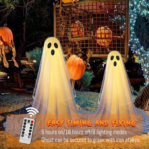 AYGXU 2Packs Halloween Decorations Outdoor,Halloweens Party Decoration Indoor,Spooky Ghost with Remote Control String Lights,Halloween-Ghost Lights for Porches Yards Gardens Lawn - Image 2