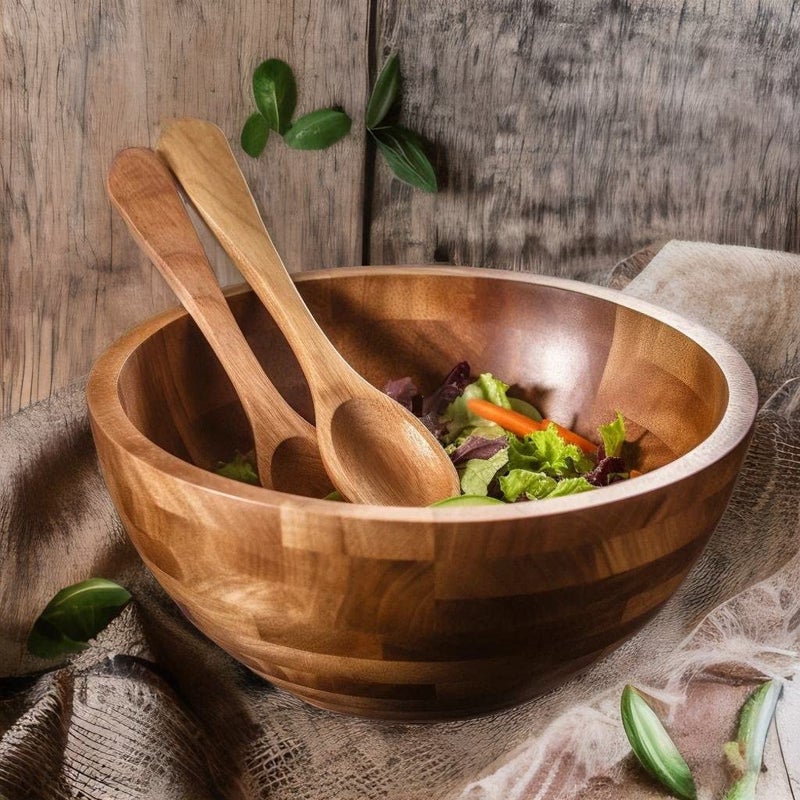 PALM NAKI PALM NAKI Premium Acacia Wood Salad Bowl and Servers Set - 3 Piece  Sustainable & Durable - Available in Two Sizes - Elegant and Rustic Design for Home  Kitchen  and Dining (10 x 6)  - Image 5