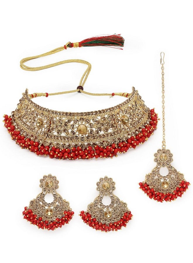 سوكهي طقم قلادة من الذهب الأحمر المطلي بالذهب والخرز على شكل زهور مع قرط و مانج تيكا من Sukkhi Fashion | طقم مجوهرات للنساء (NS105482) - Image 1