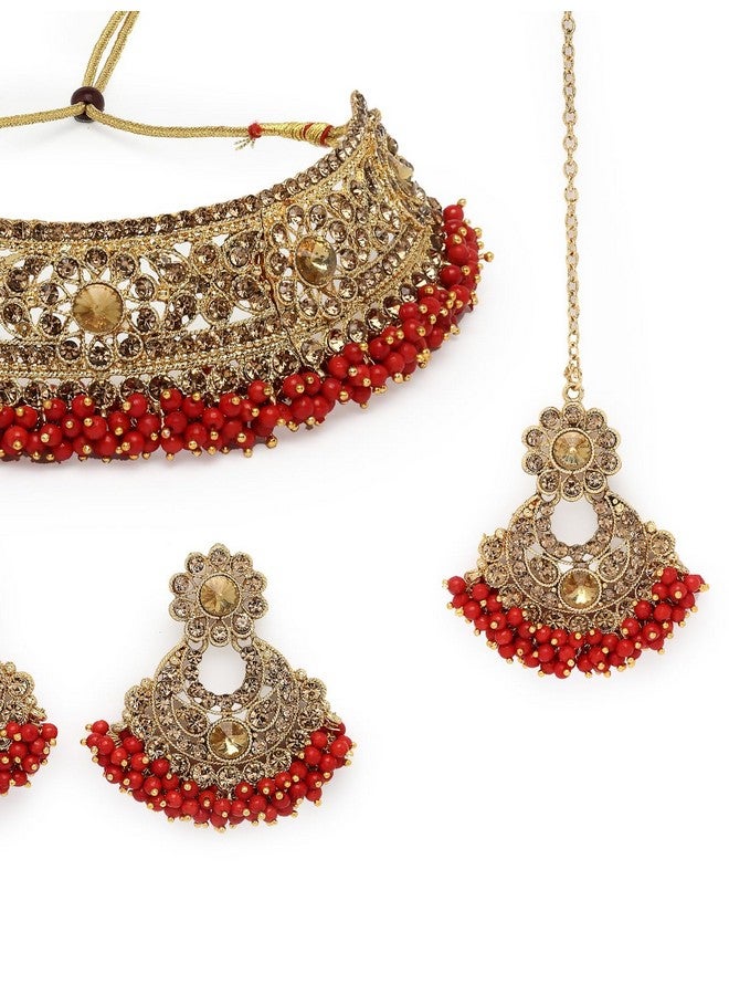 سوكهي طقم قلادة من الذهب الأحمر المطلي بالذهب والخرز على شكل زهور مع قرط و مانج تيكا من Sukkhi Fashion | طقم مجوهرات للنساء (NS105482) - Image 5