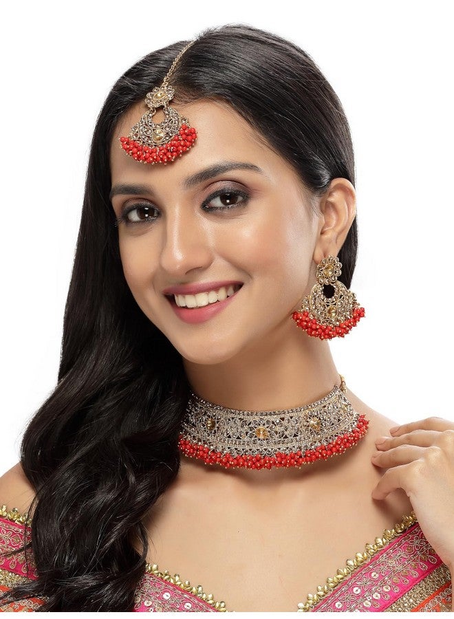 سوكهي طقم قلادة من الذهب الأحمر المطلي بالذهب والخرز على شكل زهور مع قرط و مانج تيكا من Sukkhi Fashion | طقم مجوهرات للنساء (NS105482) - Image 2