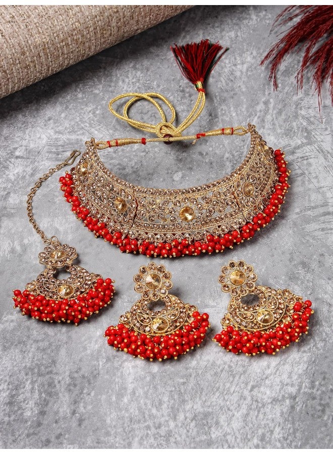 سوكهي طقم قلادة من الذهب الأحمر المطلي بالذهب والخرز على شكل زهور مع قرط و مانج تيكا من Sukkhi Fashion | طقم مجوهرات للنساء (NS105482) - Image 3