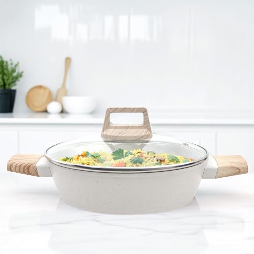 SOLARA Belmont Ceramic Non Stick Kadai With Lid for Cooking, 2.2 Litre/24Cm Non Stick Kadhai, Cast Aluminium Body casserole, Stew Pot, Biriyani Bowl, Gas & Induction Compatible, Ivory - Image 1