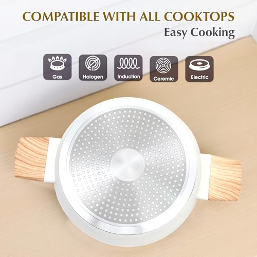 SOLARA Belmont Ceramic Non Stick Kadai With Lid for Cooking, 2.2 Litre/24Cm Non Stick Kadhai, Cast Aluminium Body casserole, Stew Pot, Biriyani Bowl, Gas & Induction Compatible, Ivory - Image 4