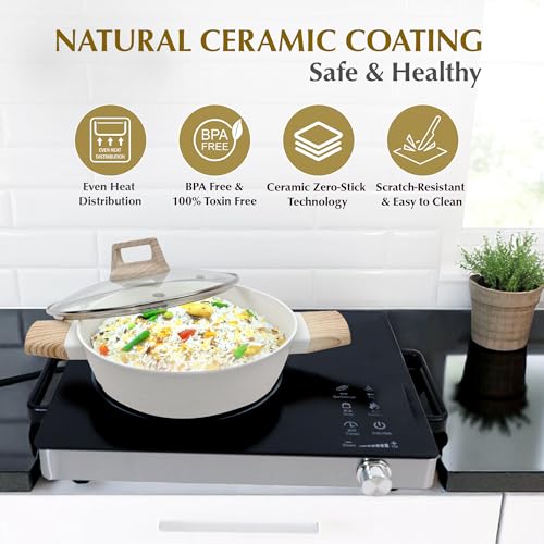SOLARA Belmont Ceramic Non Stick Kadai With Lid for Cooking, 2.2 Litre/24Cm Non Stick Kadhai, Cast Aluminium Body casserole, Stew Pot, Biriyani Bowl, Gas & Induction Compatible, Ivory - Image 2