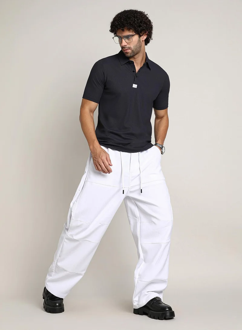 Campus Sutra Men's Chalk White Relaxed-Panel Cargo Trousers