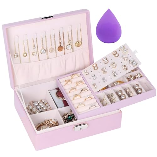 OCEANEVO Jewellery Organiser Box WITH Makeup Sponge, Jwell Organizer Storage Box with Lock, Earrings, Necklace Organizer for Women - 23 x 17 x 8.5 Cm - Pink - 1 Year Warranty - Image 1