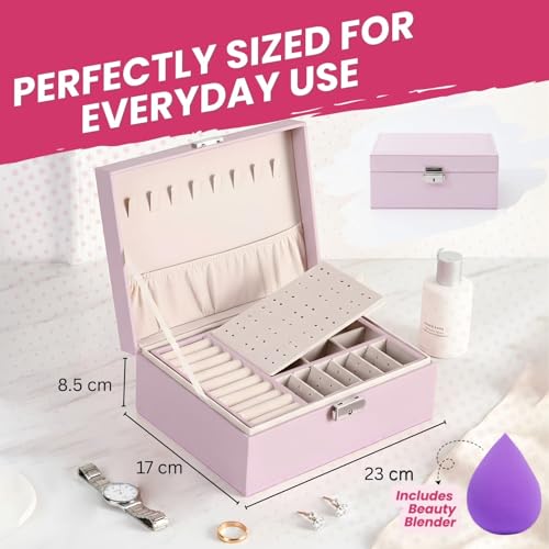OCEANEVO Jewellery Organiser Box WITH Makeup Sponge, Jwell Organizer Storage Box with Lock, Earrings, Necklace Organizer for Women - 23 x 17 x 8.5 Cm - Pink - 1 Year Warranty - Image 2