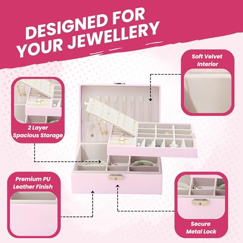 OCEANEVO Jewellery Organiser Box WITH Makeup Sponge, Jwell Organizer Storage Box with Lock, Earrings, Necklace Organizer for Women - 23 x 17 x 8.5 Cm - Pink - 1 Year Warranty - Image 3