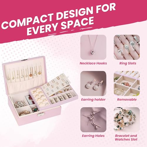 OCEANEVO Jewellery Organiser Box WITH Makeup Sponge, Jwell Organizer Storage Box with Lock, Earrings, Necklace Organizer for Women - 23 x 17 x 8.5 Cm - Pink - 1 Year Warranty - Image 4