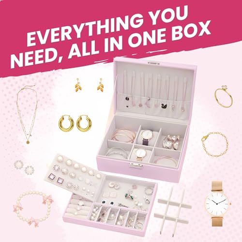 OCEANEVO Jewellery Organiser Box WITH Makeup Sponge, Jwell Organizer Storage Box with Lock, Earrings, Necklace Organizer for Women - 23 x 17 x 8.5 Cm - Pink - 1 Year Warranty - Image 5