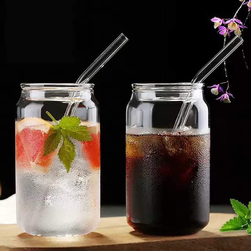 KEXES Glass Can with Glass Straw Office Traveling Milk Soda Chocolate Beverage Mocha Espresso Cappuccino Shake Fruit Juice Mug 500ML Set of 2 - Image 1
