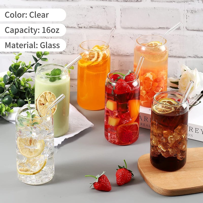 KEXES Glass Can with Glass Straw Office Traveling Milk Soda Chocolate Beverage Mocha Espresso Cappuccino Shake Fruit Juice Mug 500ML Set of 2 - Image 3
