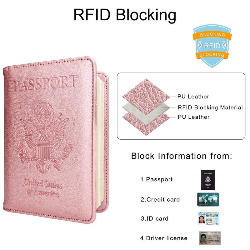 WALNEW Passport Holder for Travel, RFID Passport Cover Wallet for Women Men, PU Leather Passport Book Case with Pen Holder and Clear Photo Slot, Rosegold - Image 5