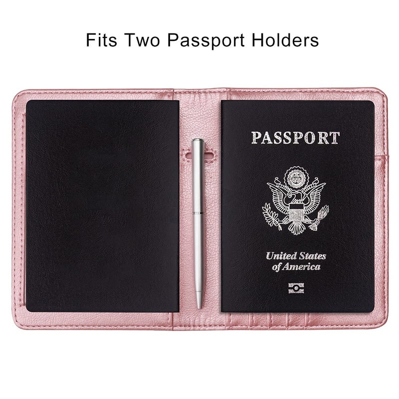 WALNEW Passport Holder for Travel, RFID Passport Cover Wallet for Women Men, PU Leather Passport Book Case with Pen Holder and Clear Photo Slot, Rosegold - Image 4