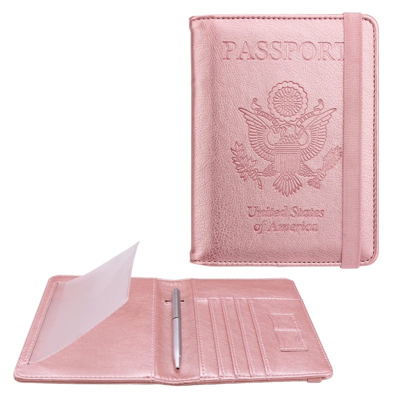 WALNEW Passport Holder for Travel, RFID Passport Cover Wallet for Women Men, PU Leather Passport Book Case with Pen Holder and Clear Photo Slot, Rosegold - Image 1