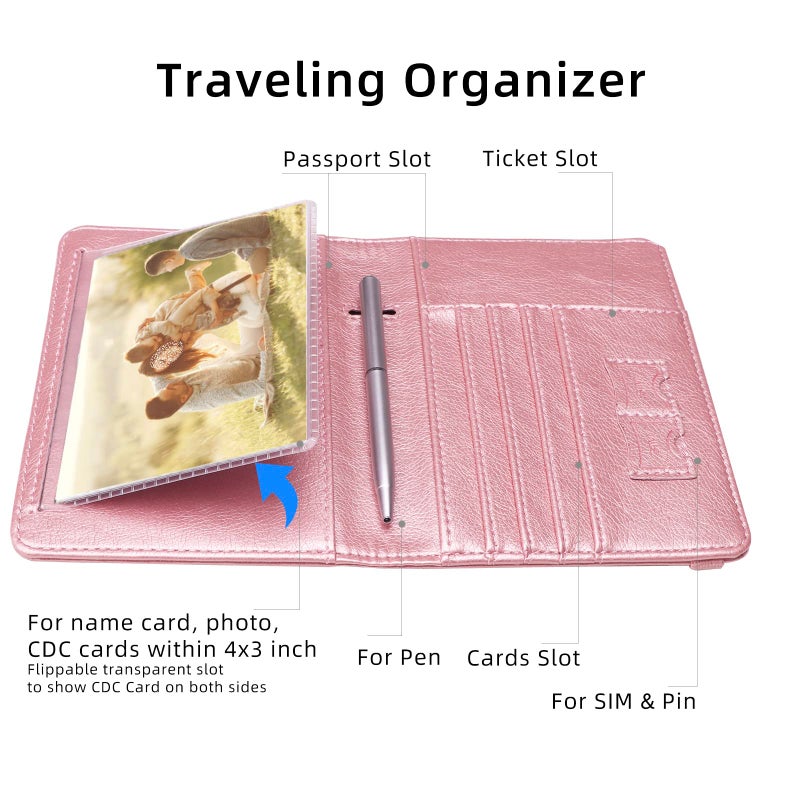 WALNEW Passport Holder for Travel, RFID Passport Cover Wallet for Women Men, PU Leather Passport Book Case with Pen Holder and Clear Photo Slot, Rosegold - Image 3