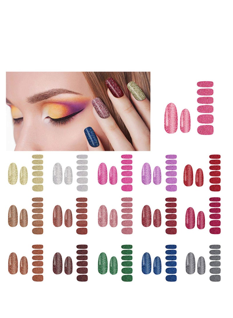 16 Sheets Glitter Nail Wraps Polish Stickers Self Adhesive Design Decals Strips in Solid Colors with 2 Pieces File for Women Girls DIY Manicure Decoration - Image 3