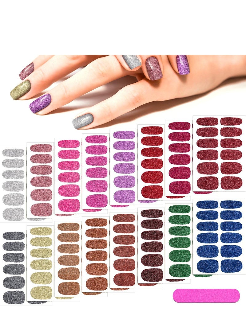 16 Sheets Glitter Nail Wraps Polish Stickers Self Adhesive Design Decals Strips in Solid Colors with 2 Pieces File for Women Girls DIY Manicure Decoration - Image 1