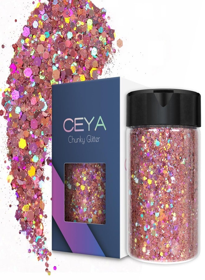 Ceya Holographic Chunky Glitter, 4.9oz/ 140g Pink Mauve Craft Glitter Powder Mixed Fine Flakes Iridescent Nail Sequins for Roses Nail Art, Hair, Epoxy Resin, Tumblers, Slime, Painting, Festival Decor - Image 1