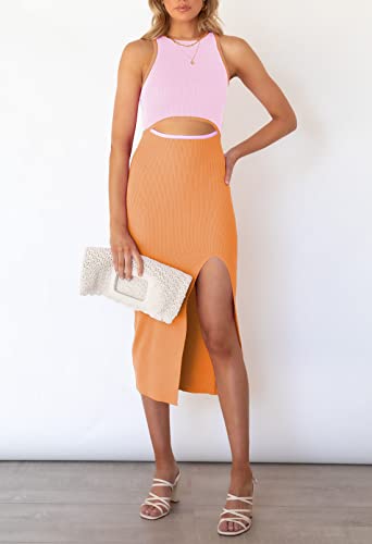 Pink Queen Women's Sexy Cutout Midi Dress Crew Neck Sleeveless Party Cocktail Ribbed Bodycon Dresses Orange S - Image 2