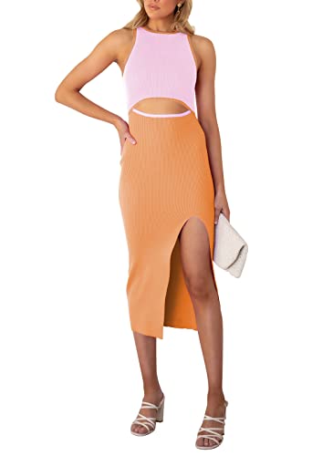 Pink Queen Women's Sexy Cutout Midi Dress Crew Neck Sleeveless Party Cocktail Ribbed Bodycon Dresses Orange S - Image 1