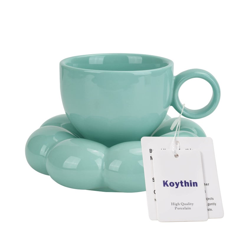 Koythin Ceramic Coffee Mug with Saucer Set Creative Cute Cup with Sunflower Coaster for Office and Home Dishwasher and Microwave Safe 65 oz200 ml for Tea Latte Milk Bluegreen