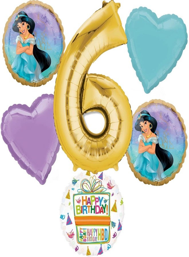 Anagram Princess Jasmine 6th Birthday Party Supplies 6pc Aladdin Balloon Bouquet Decorations - Image 1