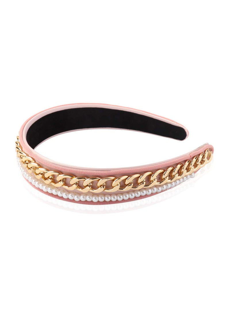RIAH FASHION - Fashion Headband Womens Hair Accessories  Acrylic Chain Bohemian Rattan Straw Girls Hairband Chain Pearl Band  Pink - Image 1