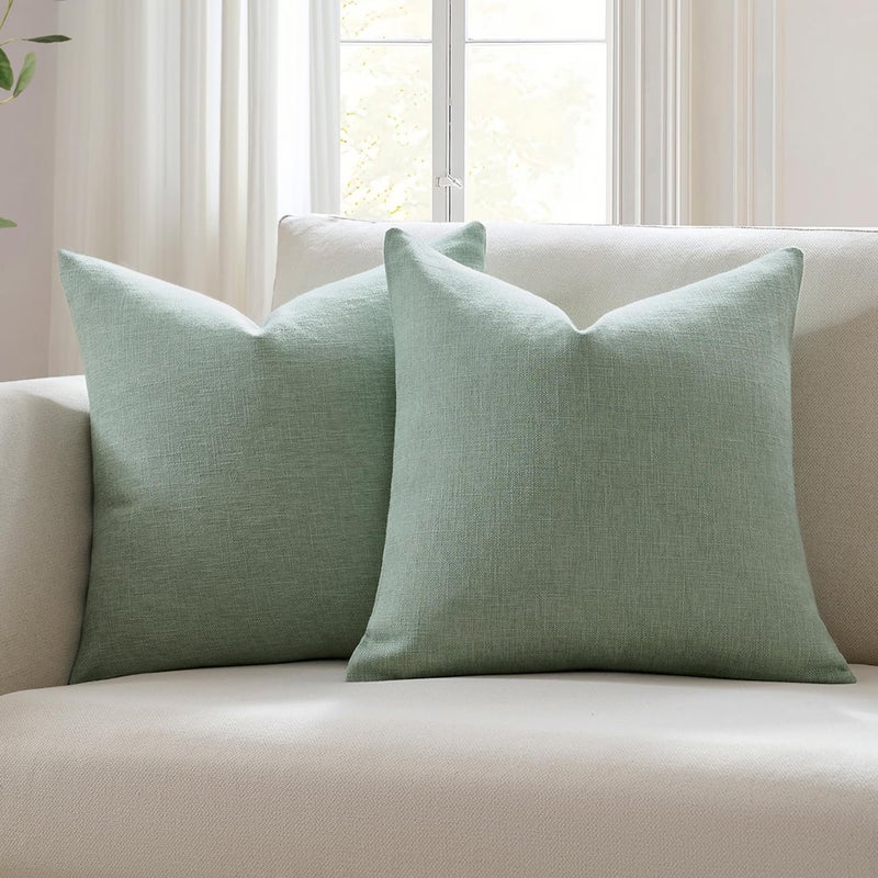 Meekio Set of 2 Sage Green Pillow Covers 16 x 16 Inch Farmhouse Boho Decorative Throw Pillow Covers Linen Cushion Covers for Sofa Couch Décor - Image 1