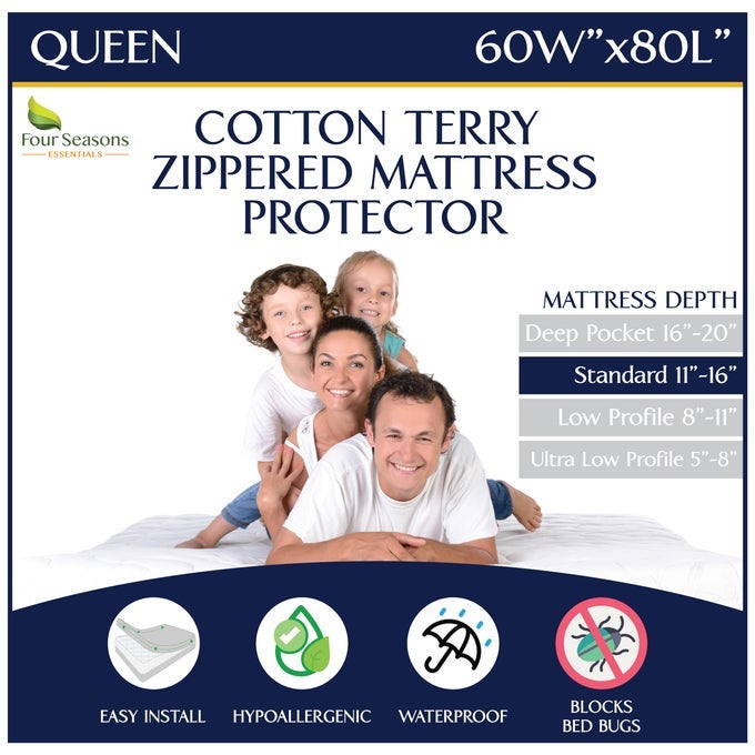 QUEEN SIZE ZIPPERED MATTRESS PROTECTOR WATERPROOF MATTRESS COVER HYPOALLERGENIC ALLERGEN PROOF BED ENCASEMENT DEEP POCKET COTTON TERRY TOP WHITE