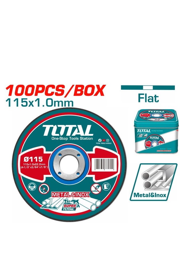 TOTAL TOTAL 115mm Abrasive Metal Cutting Disc Set (100pcs) for Metal & Inox, 1mm Thickness, Flat Centre, Max 13300 RPM – Includes Metal Storage Box  - Image 1