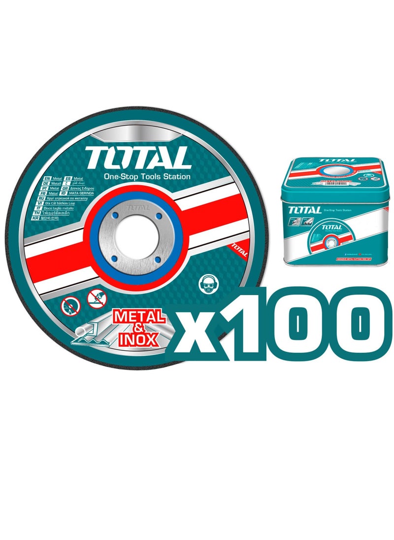 TOTAL TOTAL 115mm Abrasive Metal Cutting Disc Set (100pcs) for Metal & Inox, 1mm Thickness, Flat Centre, Max 13300 RPM – Includes Metal Storage Box  - Image 2