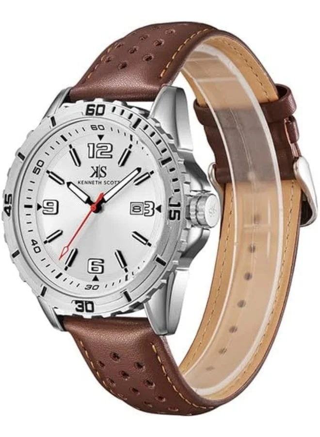 كينيث سكوت Kenneth Scott Men's seiko pc32 Movement Watch, Analog Display and Leather Strap - K24022-SLDW, Brown
