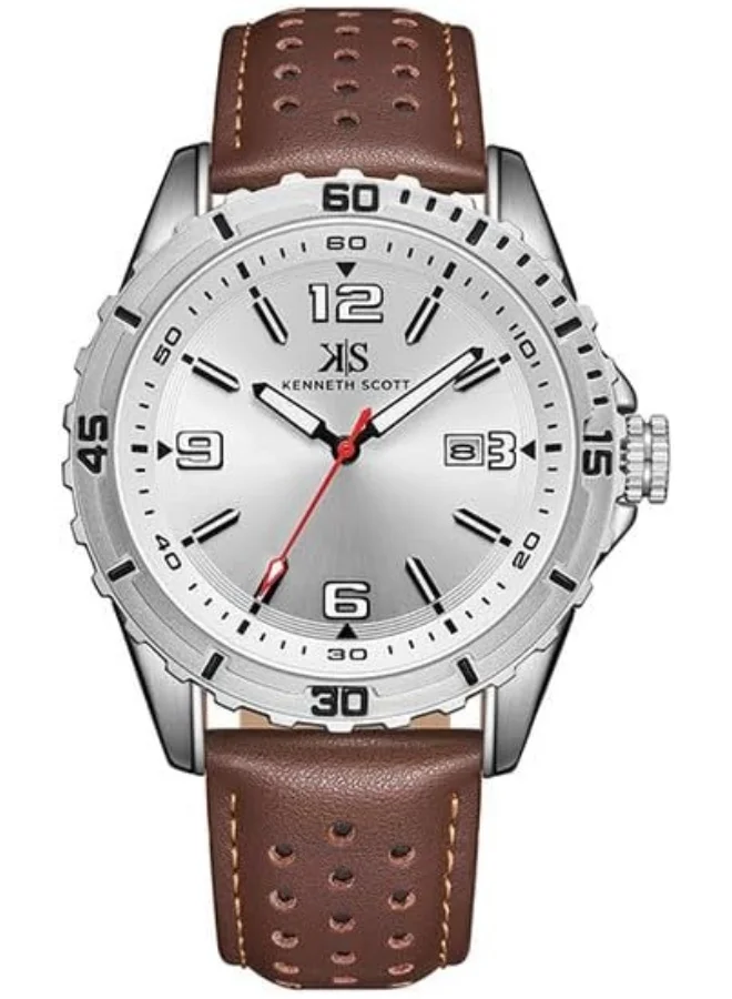 كينيث سكوت Kenneth Scott Men's seiko pc32 Movement Watch, Analog Display and Leather Strap - K24022-SLDW, Brown
