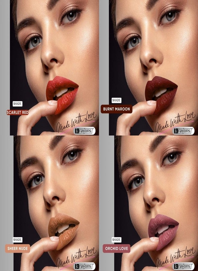 كرايونز أحمر شفاه سائل مطفي من كرايونز فيلفيت كيس للنساء | ثبات يدوم 12 ساعة | لون غني وكثيف | مقاوم للتلطخ والانتقال | عبوة كومبو | أحمر قرمزي، عنابي محروق، بيج شفاف، أوركيد لوف، 3.5 مل لكل لون - عبوة من 4 قطع - Image 3
